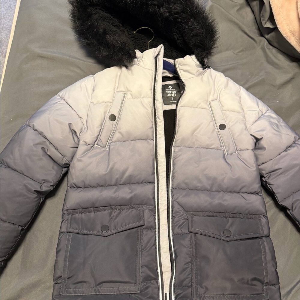 Black and Gray Puffer Jacket with Fur Hood